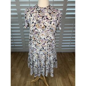 Vtg Liz Roberts Floral Chiffon Dress 14 16 Drop Waist 80s Short Sleeve Easter